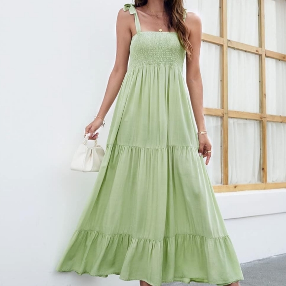Mint Green Maxi Tiered Boho Dress Shoulder Ties Long Flowy Bohemian Tie Sundress - Picture 10 of 13